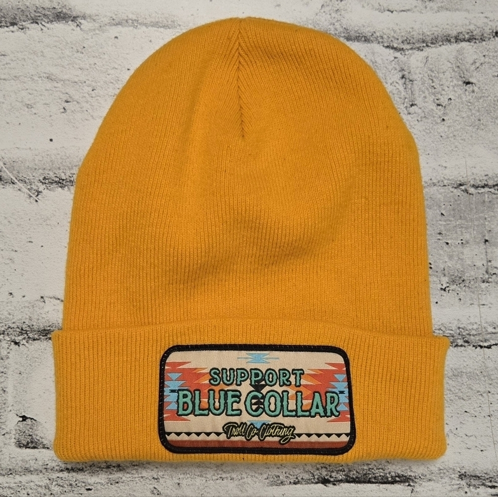 Troll Co Support Blue Collar Knit Beanie Mustard Yellow Cuffed Hat